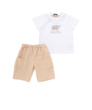 ゾウプリント天竺半袖Tシャツ+サイドポケットハーフパンツセット(80~90cm)