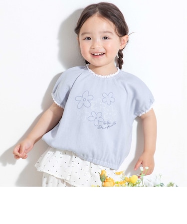 針抜きスムースステッチフラワー半袖ギャザーTシャツ(80~100cm)