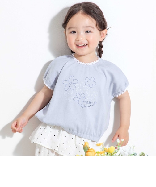 針抜きスムースステッチフラワー半袖ギャザーTシャツ(80~100cm)