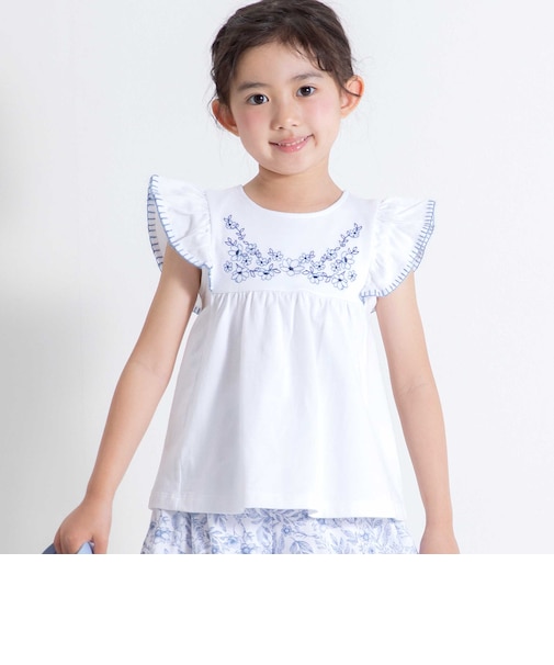フラワー刺しゅう天竺フリル袖フレアTシャツ(90~150cm)