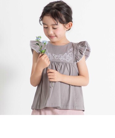 フラワー刺しゅう天竺フリル袖フレアTシャツ(90~150cm)
