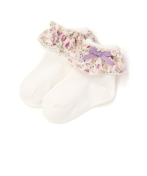 【日本製】【お揃い】リボン付き小花柄フリル ソックス ベビー(8~13cm)