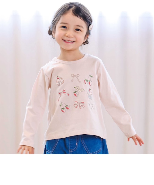 イチゴ刺しゅう裾フリル長袖Tシャツ(80~130cm)