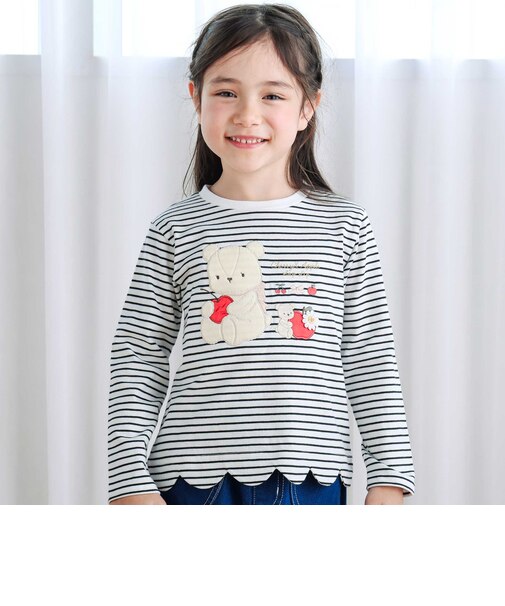 裾スカラップウサギクマネコモチーフ長袖Tシャツ(80~130cm)
