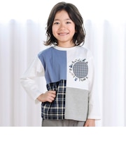 【お揃い】モチーフ刺しゅうチェック切り替え長袖Tシャツ(80~130cm)