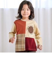 【お揃い】モチーフ刺しゅうチェック切り替え長袖Tシャツ(80~130cm)