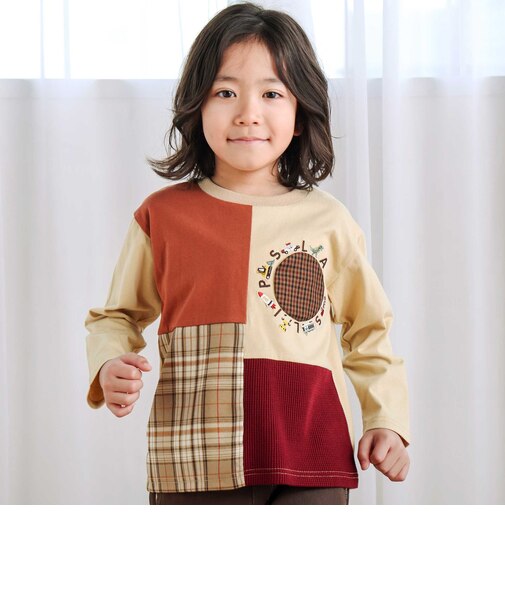 【お揃い】モチーフ刺しゅうチェック切り替え長袖Tシャツ(80~130cm)