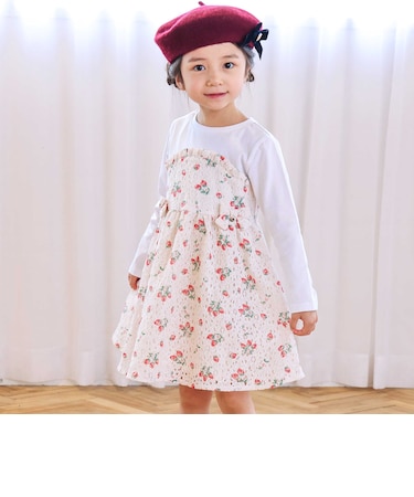 【お揃い】イチゴ総柄レースワンピース(80~130cm)