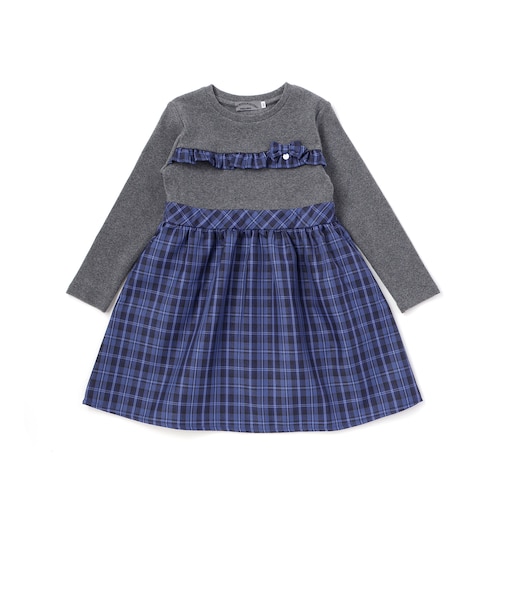 【店舗限定】リブ+チェックドッキング長袖ワンピース(95~150cm)