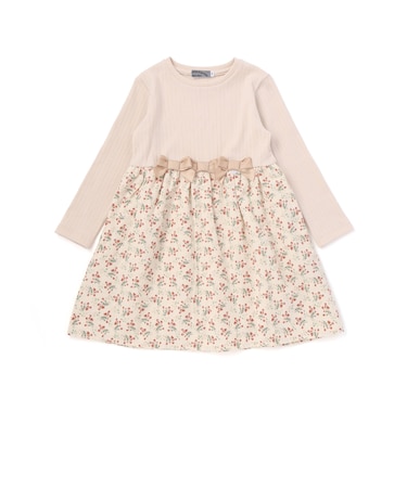 【店舗限定】リブ+ネル花柄ドッキング長袖ワンピース(95~150cm)