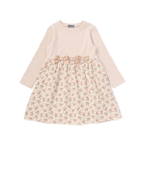 【店舗限定】リブ+ネル花柄ドッキング長袖ワンピース(95~150cm)