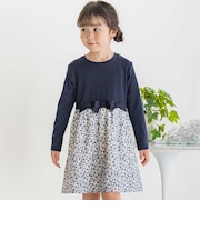 【店舗限定】リブ＋ネル花柄ドッキング長袖ワンピース(95~150cm)