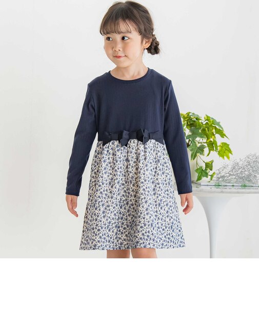 【店舗限定】リブ+ネル花柄ドッキング長袖ワンピース(95~150cm)