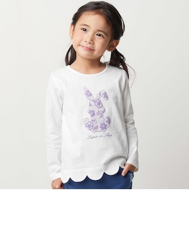 【抗菌・防臭】Rabbitレースプリント裾スカラップ天竺長袖Tシャツ(90~130cm)