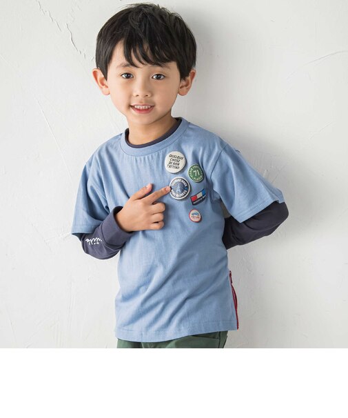 缶バッジ風立体プリント半袖Tシャツ+ロゴ長袖Tシャツ セット(90~160cm)