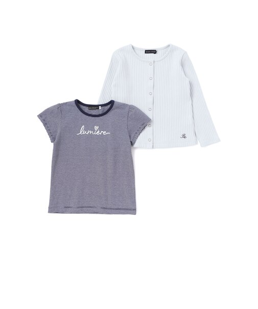 長袖リブカーディガン+天竺ボーダーロゴ半袖Tシャツ セット(90~150cm)