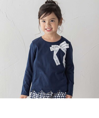 グログランBIGリボンモチーフ裾スカラップ長袖Tシャツ(90~160cm)