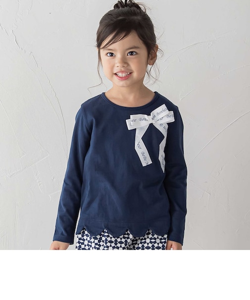 グログランBIGリボンモチーフ裾スカラップ長袖Tシャツ(90~160cm)