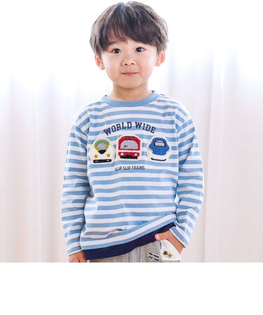 電車モチーフサガラ刺しゅうボーダー柄長袖Tシャツ(80~130cm)