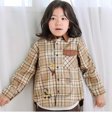 【お揃い】フロント恐竜モチーフ刺しゅうチェックシャツ(80~130cm)