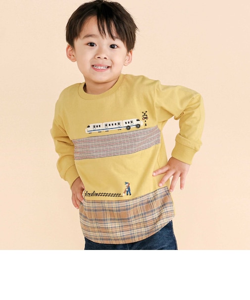電車モチーフチェック切り替え長袖Tシャツ(80~130cm)