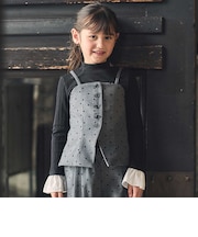 【お揃い】グレンチェック×ドットビスチェ+フリル袖テレコハイネックTシャツ セット(100~160cm)