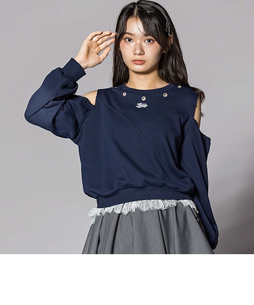スタッズ×肩開きレースレイヤード風長袖トレーナー(130~160cm)