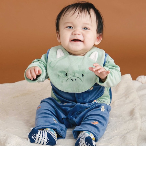 クマ＆ドラゴンモチーフスタイ付きベロアロンパースベビー(60~80cm)