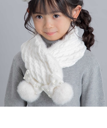 【お揃い】パールモチーフリボン格子編みニットマフラー