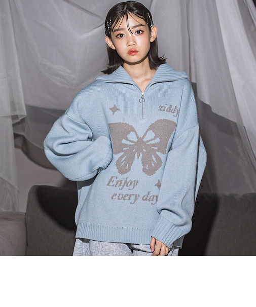 バタフライモチーフジャガードハーフジップニット(130~160cm)
