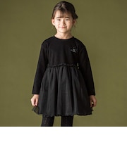 キラキラチュールドッキング長袖ワンピース(95~150cm)