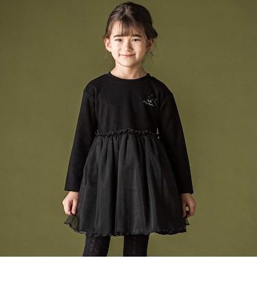 キラキラチュールドッキング長袖ワンピース(95~150cm)
