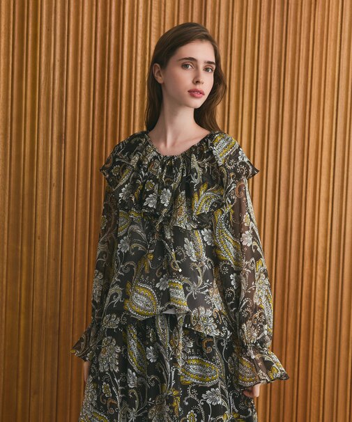 ラメストライププリントブラウス