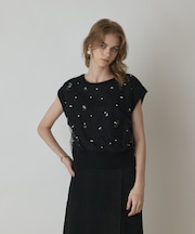 チュール刺繍ニットトップ