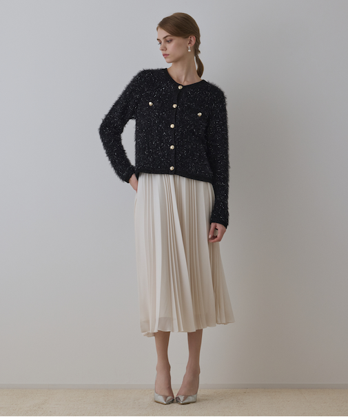 ノーカラーフェザーニットカーディガン