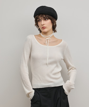 バイカラーリブニットトップ