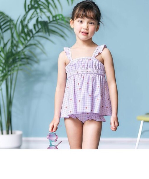 リーフフルーツ・ギンガムチェックワンピース風セパレート水着