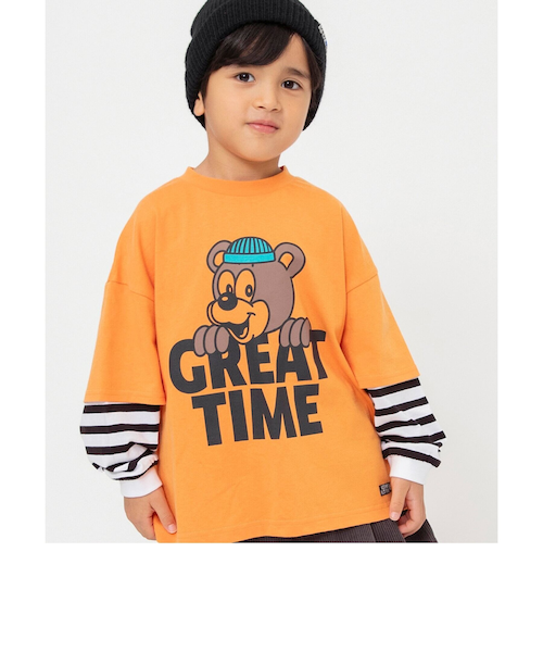 OUTIL ホワイトオレンジストライプ長袖Tシャツ Outil ストライプ 長袖カットソー OUTIL ホワイトオレンジ