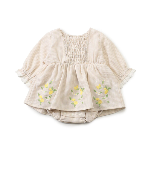 フルーツ刺しゅうシャーリングデザインカバーオール