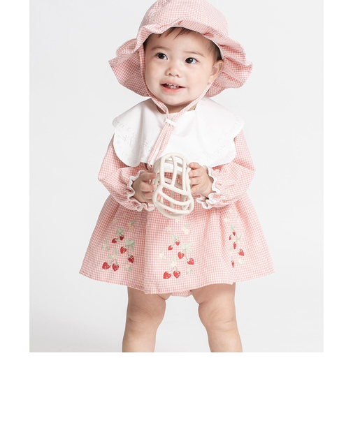 フルーツ刺しゅうシャーリングデザインカバーオール