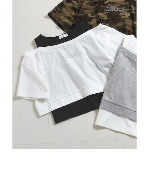 ラインストーンロゴレイヤード風Tシャツ