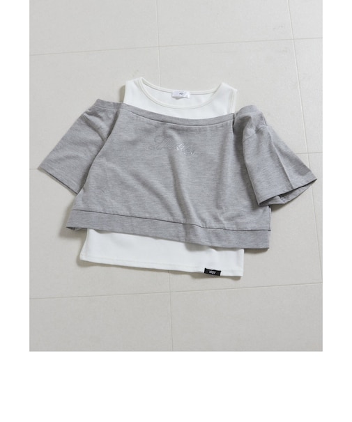 ラインストーンロゴレイヤード風Tシャツ