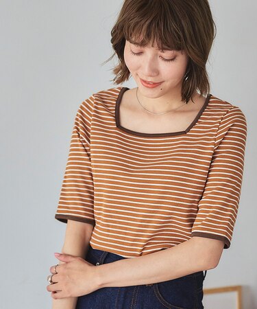 スクエアネック5分袖ボーダートップス