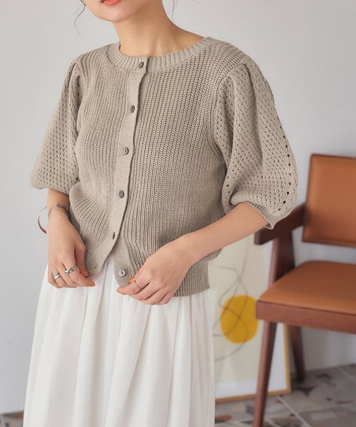 透かし編みパフスリーブニットトップス