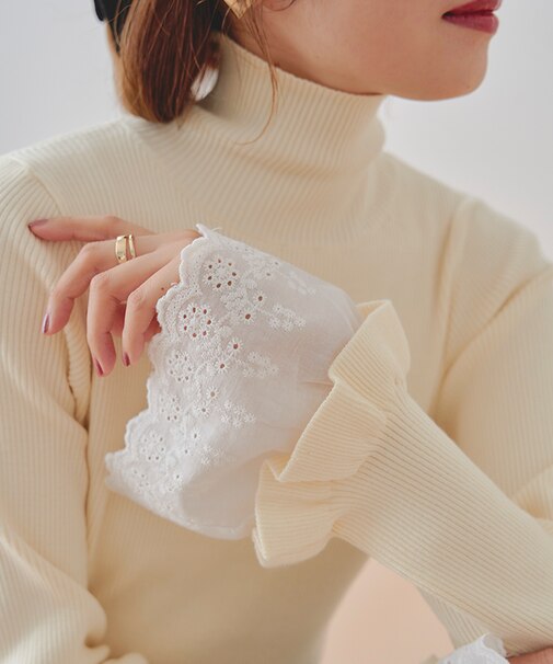 ハイネック袖口レース2wayリブニット