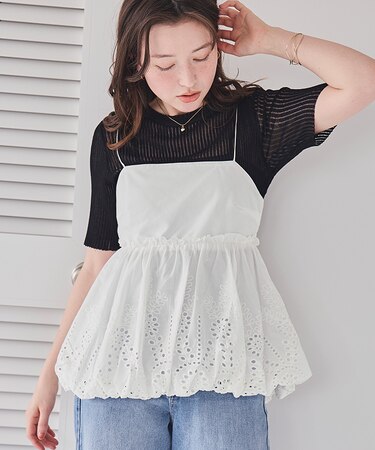 コットン刺繍レースキャミソールトップス
