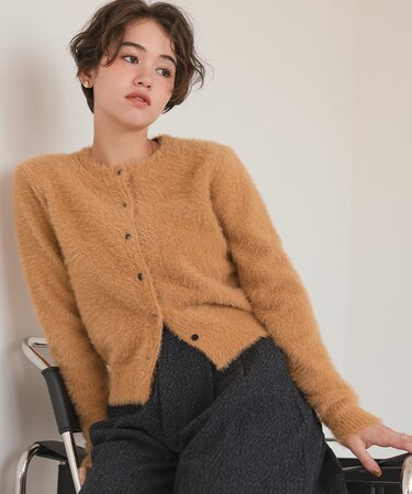 クルーネックミニシャギーニットカーディガン