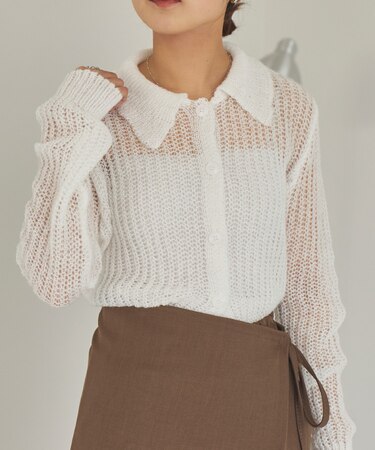 透かし編みポロニットプルオーバー