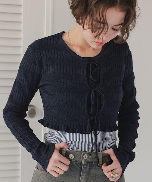 リボンデザインカーディガン/ノースリーブニットセット