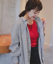 デザイン刺繍入りストライプオーバーシャツ
